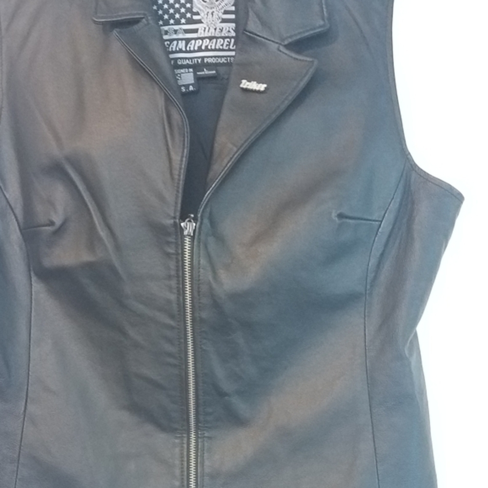 Black Zip Front Vintage Leather Biker Vest Women’s Size L Sleeveless Moto Jacket - Picture 5 of 10